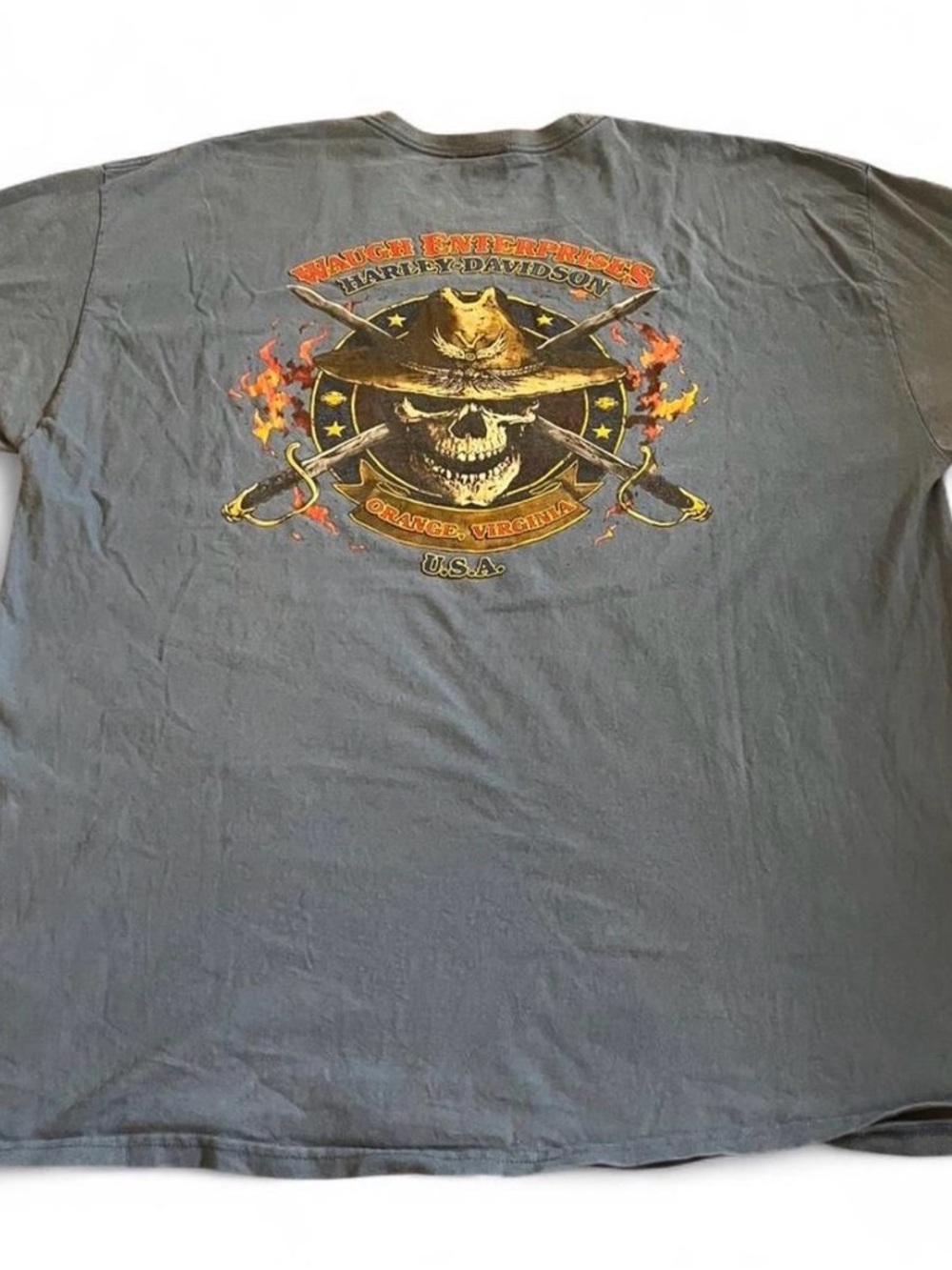 Men’s Harley Davidson Orange Virginia Skull Flames Blue Pocket Shirt Size 2XL